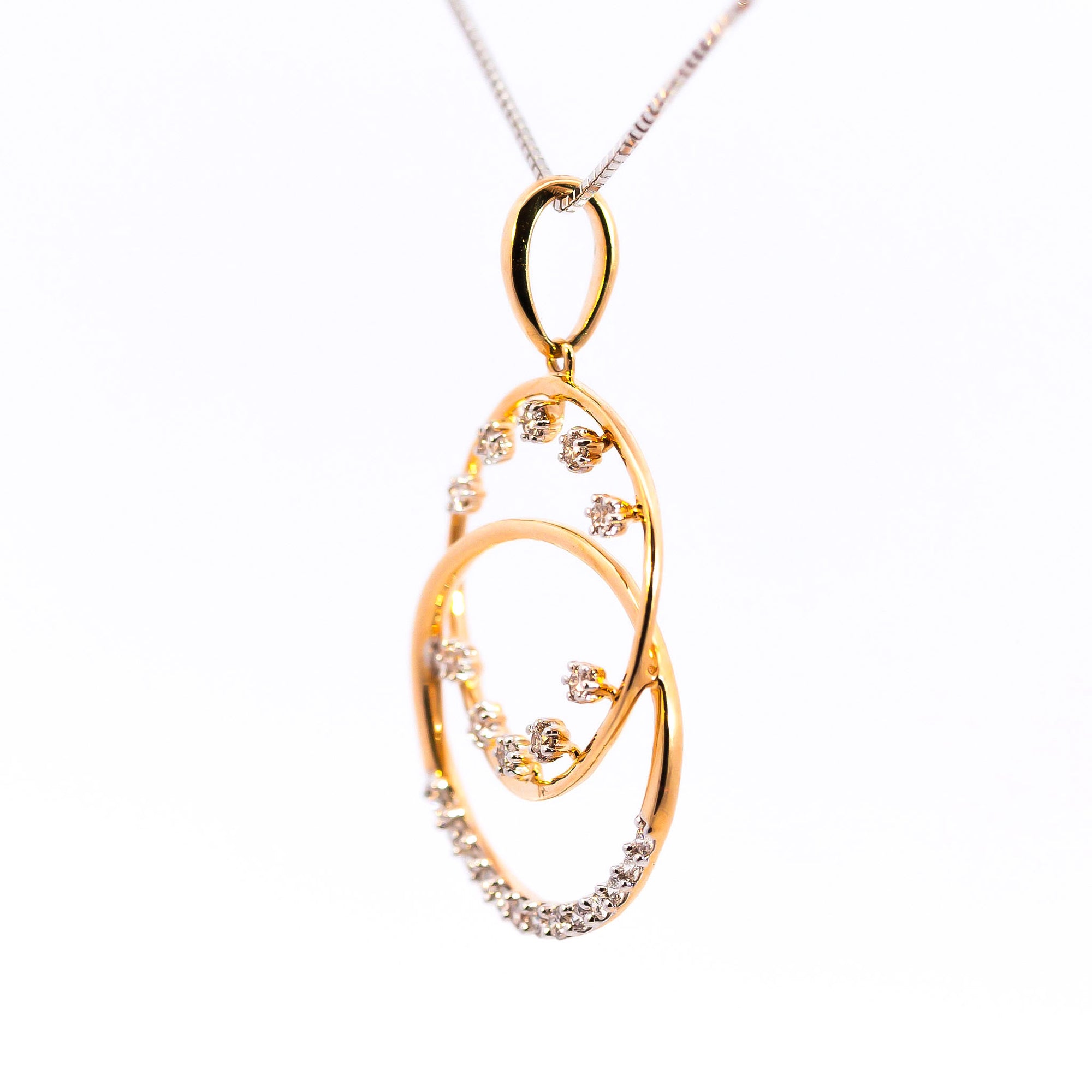 18K Yellow and White Gold Interlocking Eclipse Circle Pendant | 0.21 CT Brilliant VS-GH Diamonds, 23 Hand-Set Accent Stones, Two-Tone Geometric Fine Jewelry