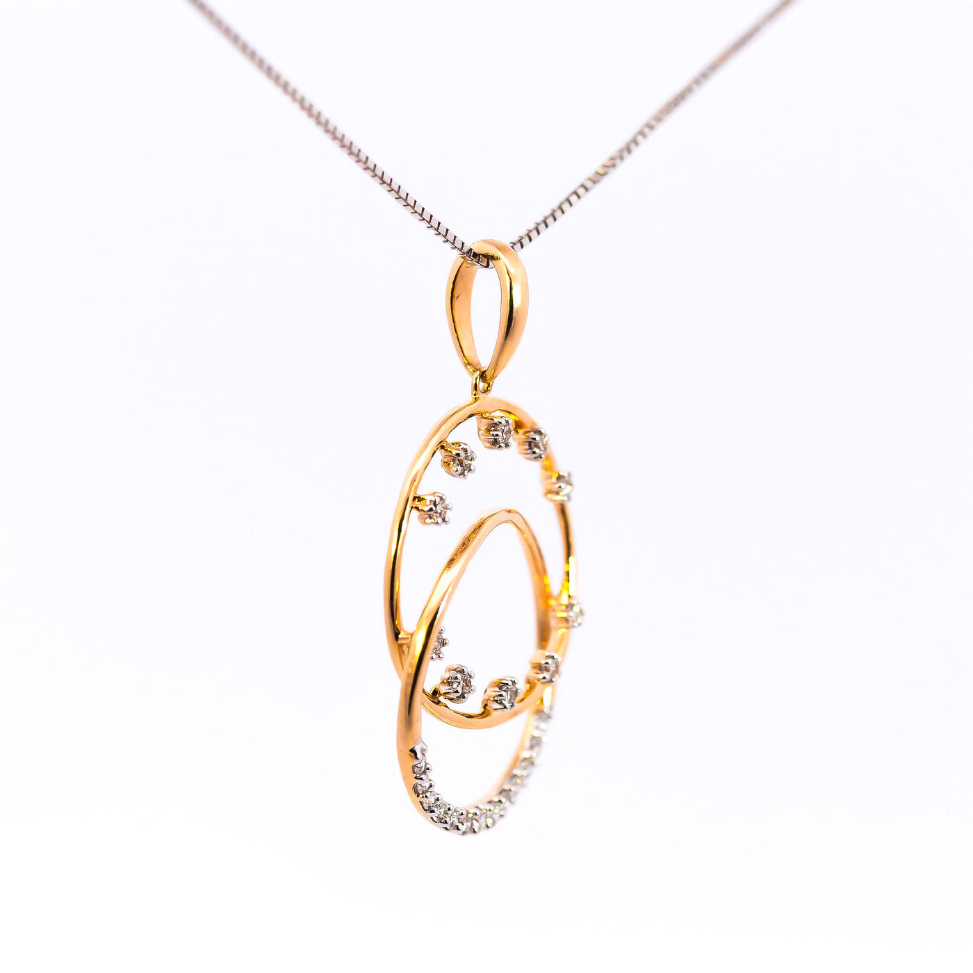 18K Yellow and White Gold Interlocking Eclipse Circle Pendant | 0.21 CT Brilliant VS-GH Diamonds, 23 Hand-Set Accent Stones, Two-Tone Geometric Fine Jewelry