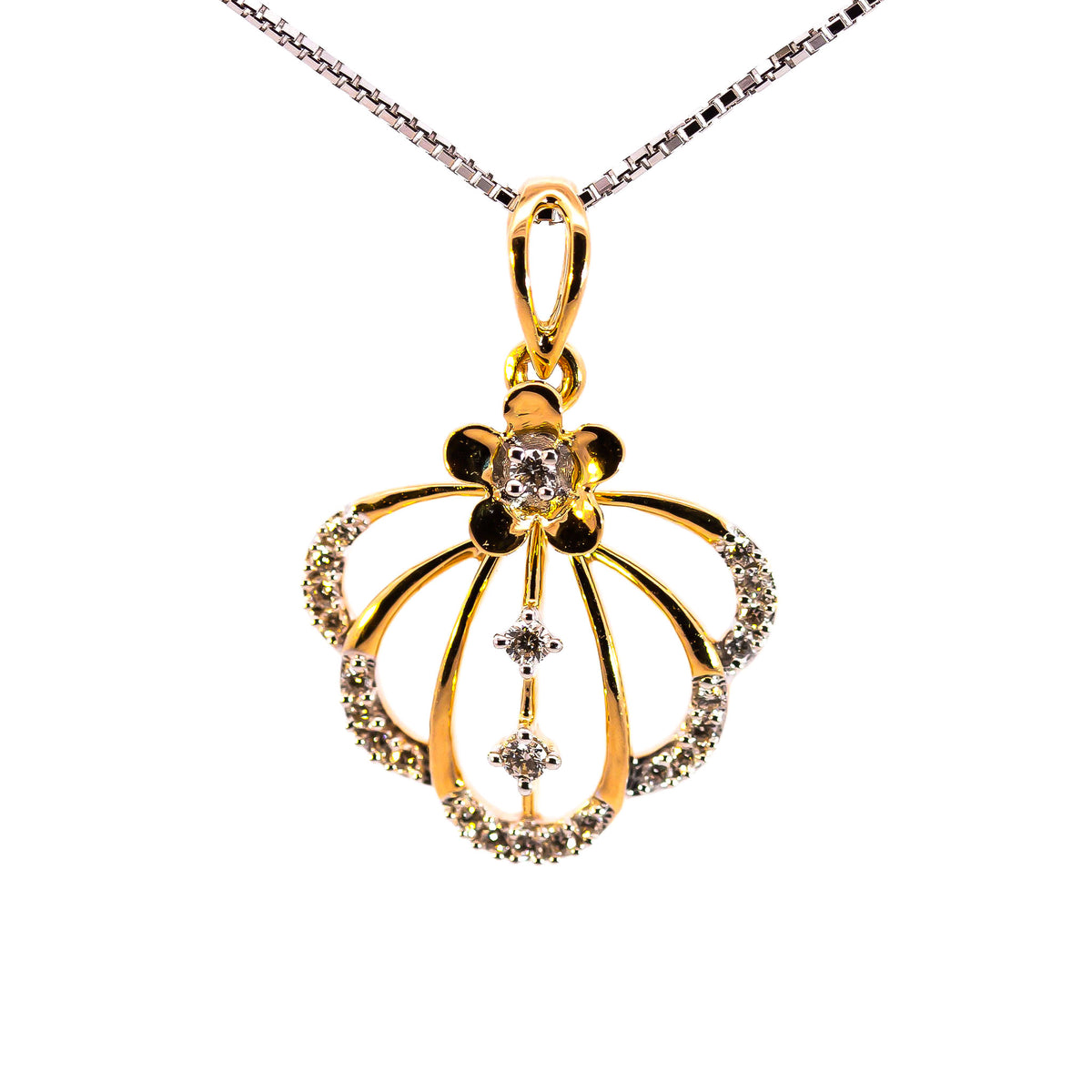 Luxury 18K Yellow and White Gold Scalloped Floral Shell Diamond Pendant | 0.12 CT Brilliant VS-GH Accent Diamonds, 24 Hand-Set Stones, Two-Tone Botanical Fine Jewelry