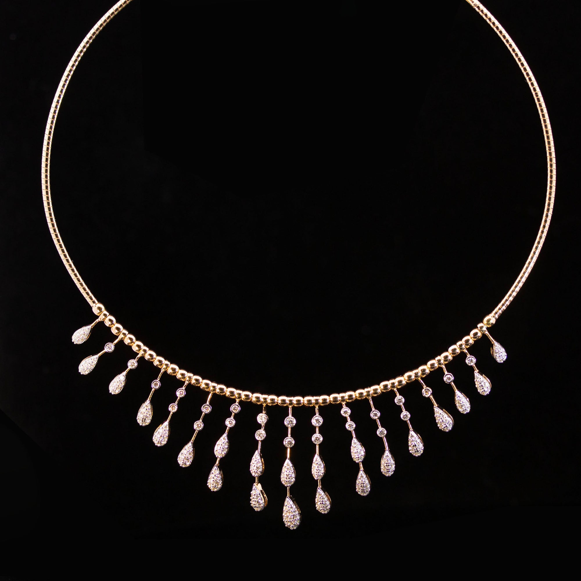 Luxury 18K Yellow Gold Omega Collar Diamond Fringe Necklace | 1.06 CT Brilliant VS-GH Diamonds, 185 Stones, 14.36g Solid Gold Sleek Contemporary Statement Jewelry