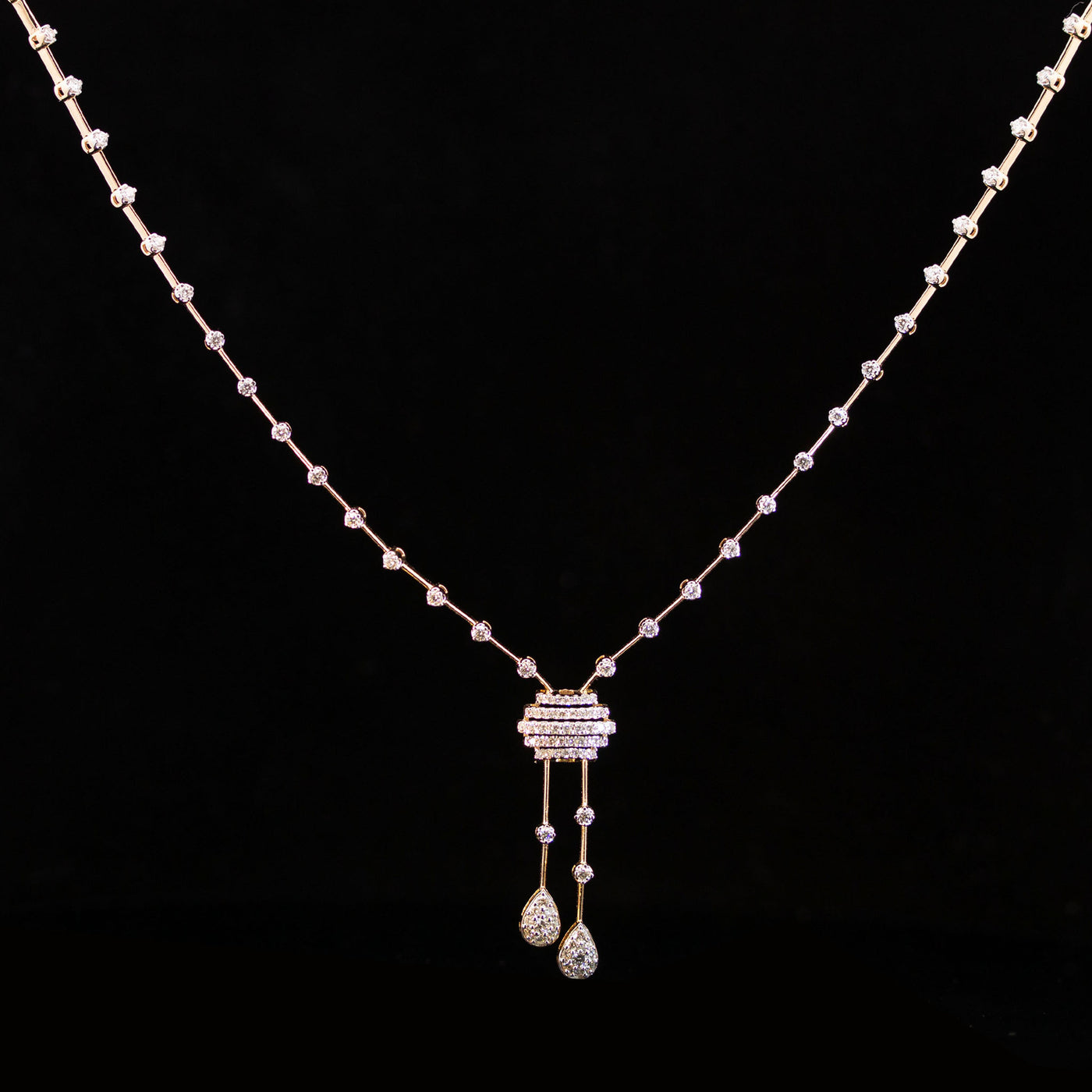 Luxury 18K Rose Gold Minimalist Geometric Diamond Necklace & Earrings Set | 1.43 CTW Brilliant VS-GH Diamonds, 192 Stones, 13.28g Solid Gold Premium High Jewelry Bridal Ensemble