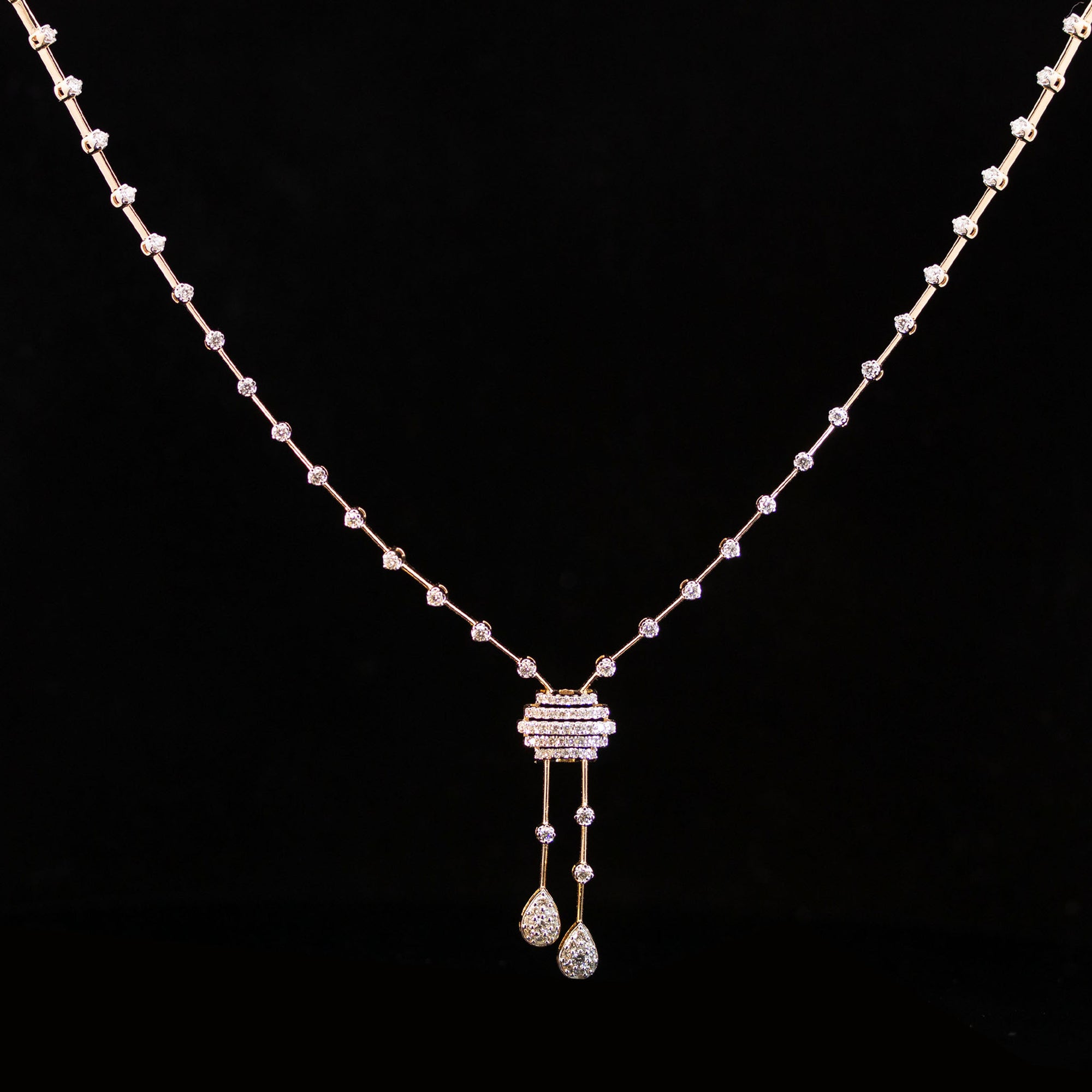Luxury 18K Rose Gold Minimalist Geometric Diamond Necklace & Earrings Set | 1.43 CTW Brilliant VS-GH Diamonds, 192 Stones, 13.28g Solid Gold Premium High Jewelry Bridal Ensemble