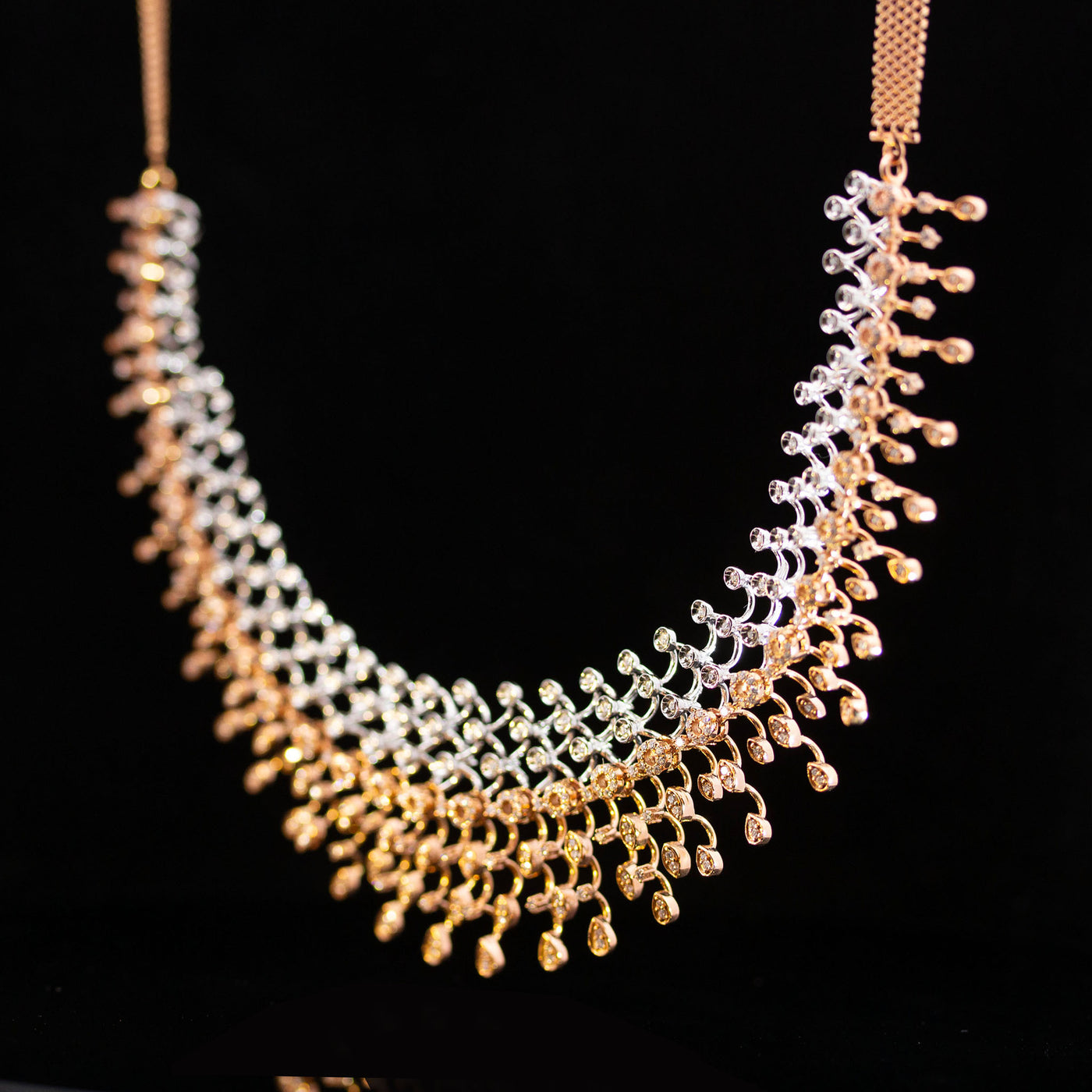 Luxury 18K Two-Tone Rose and White Gold Lattice Mesh Diamond Necklace & Earrings Set | 3.52 CTW Brilliant VS-GH Diamonds, 566 Stones, 54.53g Solid Gold Premium High Jewellery Bridal Ensemble