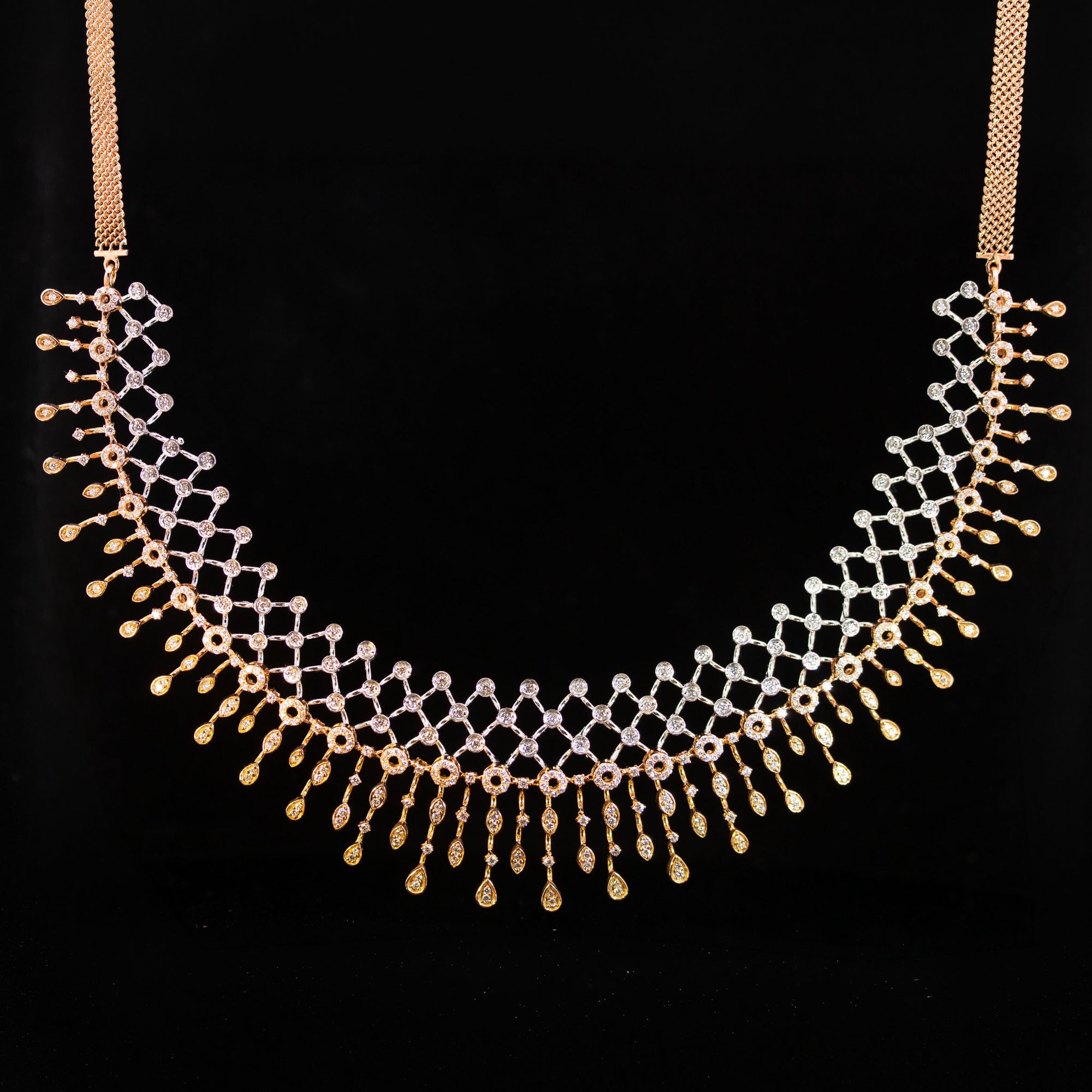 Luxury 18K Two-Tone Rose and White Gold Lattice Mesh Diamond Necklace & Earrings Set | 3.52 CTW Brilliant VS-GH Diamonds, 566 Stones, 54.53g Solid Gold Premium High Jewellery Bridal Ensemble