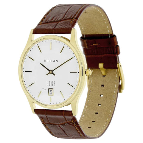 Edge White Dial Leather Strap Watch with Date