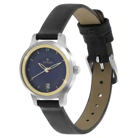 Blue Dial Black Leather Strap Ladies Watch