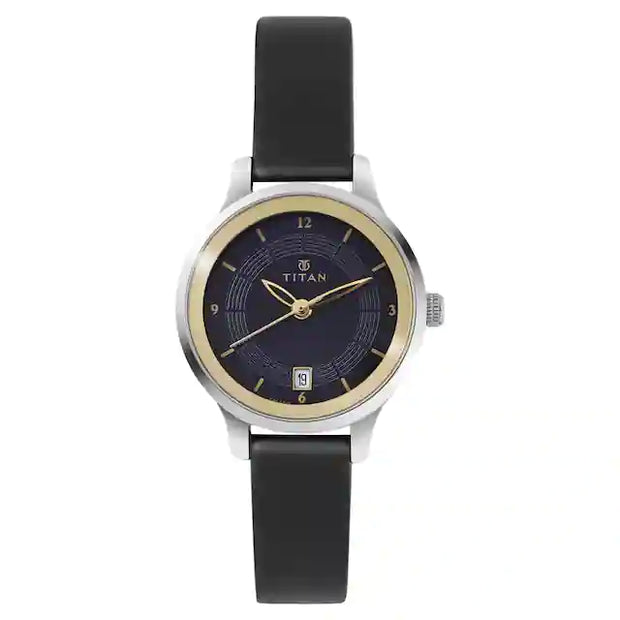 Blue Dial Black Leather Strap Ladies Watch