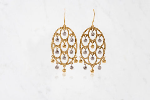 Yellow & White Gold Oval Earrings with Beads
